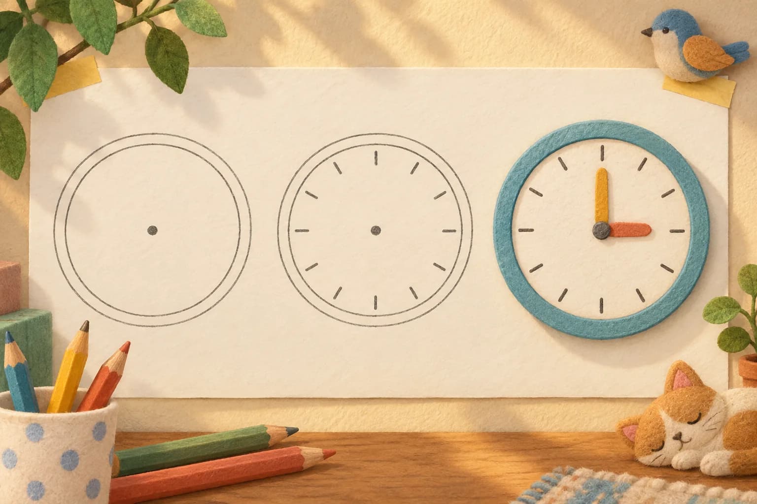 Trois étapes illustrées pour dessiner une horloge ronde, du contour au cadre colorié avec ses deux aiguilles.