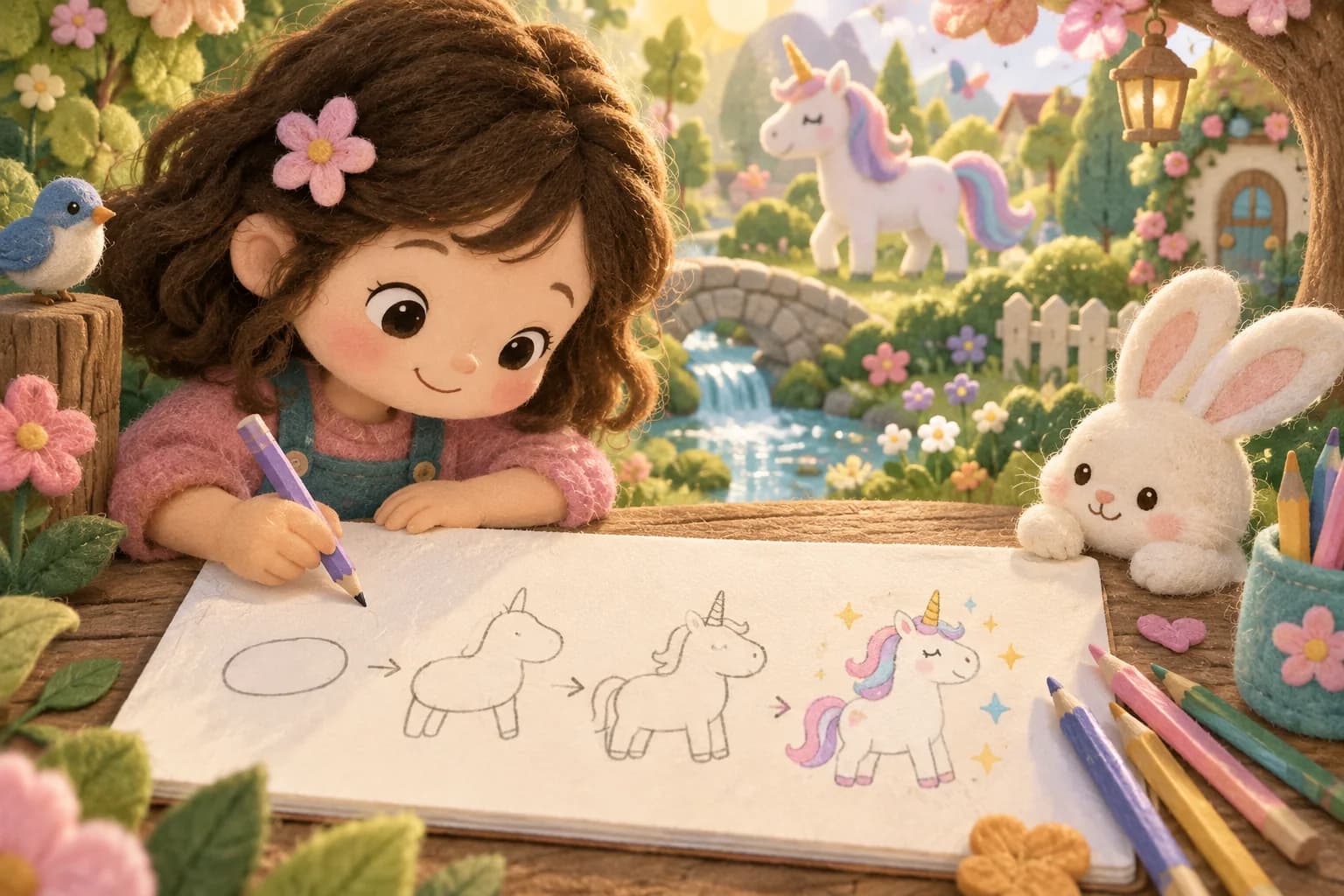 Un enfant dessine une licorne simplifiée au crayon dans un jardin coloré