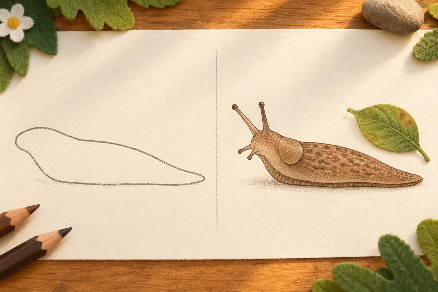 Deux étapes illustrées pour dessiner une limace : le contour du corps, puis les tentacules et les détails colorés.