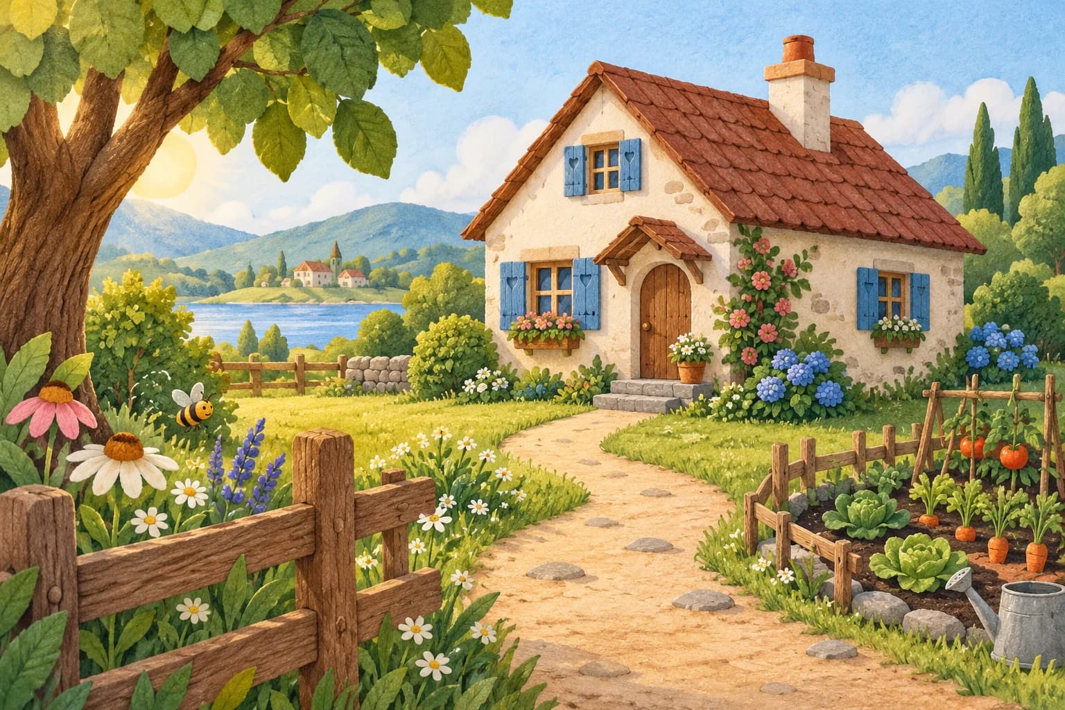 Maison de campagne aux volets bleus, entourée d’un jardin fleuri avec un arbre, un potager et un chemin.