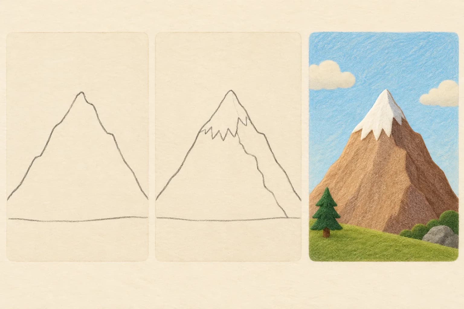 Trois étapes illustrées pour dessiner une montagne : contour, relief, puis couleurs avec une face plus sombre.