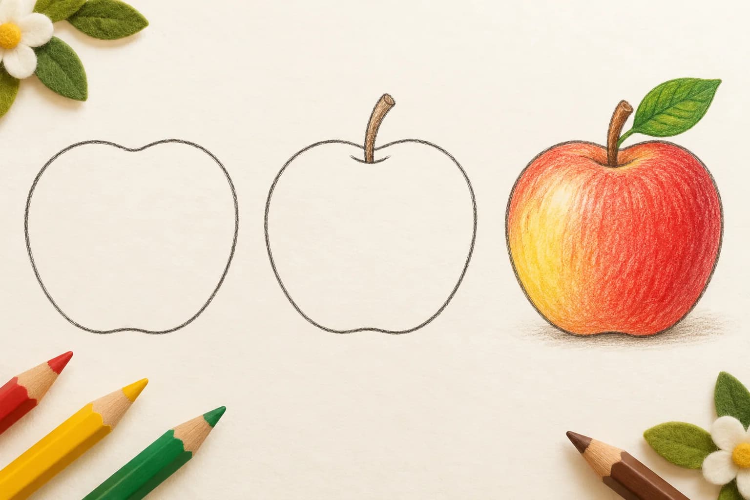 Trois étapes illustrées pour dessiner une pomme : le contour, la tige, puis la feuille et la couleur.