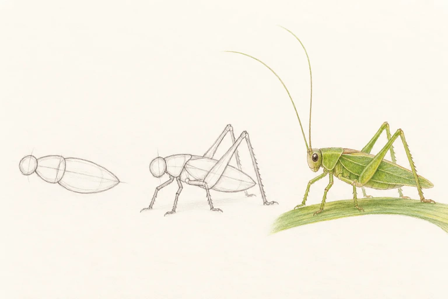 Trois étapes dessinées pour construire une sauterelle, des formes simples à l’insecte colorié.