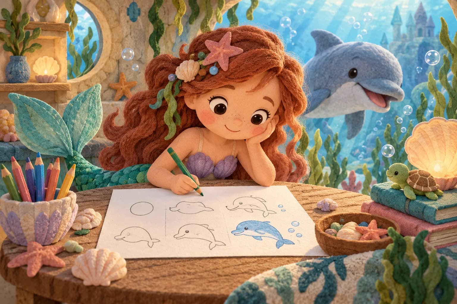 Une enfant dessine une sirène entourée de crayons et d'éléments sous-marins