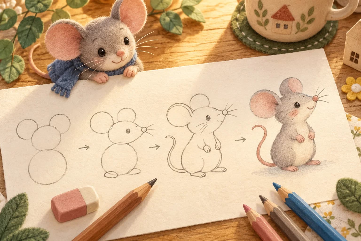 Illustration d’une souris dessinée avec un crayon et des crayons de couleur