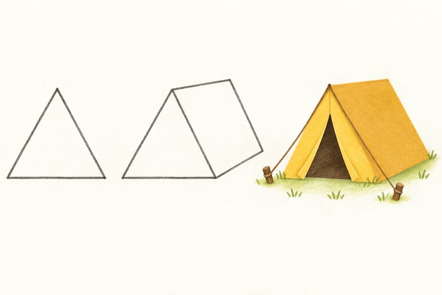 Trois étapes illustrées pour dessiner une tente triangulaire, ajouter son côté puis colorier la toile et l’entrée.