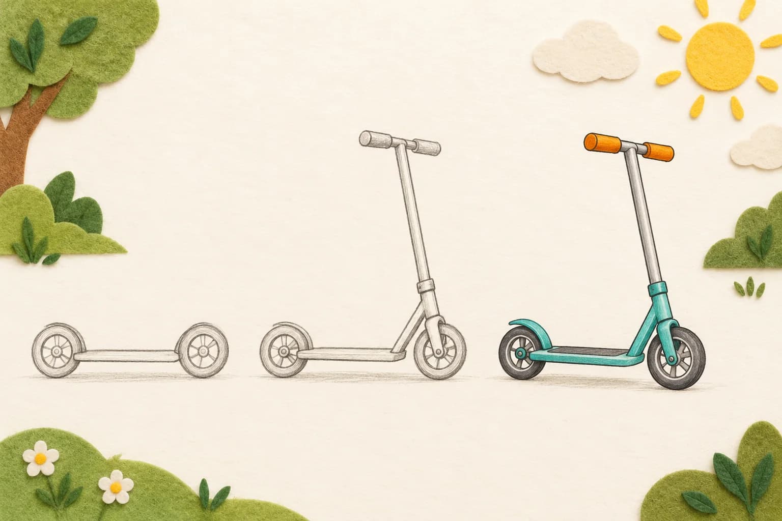 Trois dessins successifs d’une trottinette, des roues et de la plateforme jusqu’au modèle terminé et colorié.