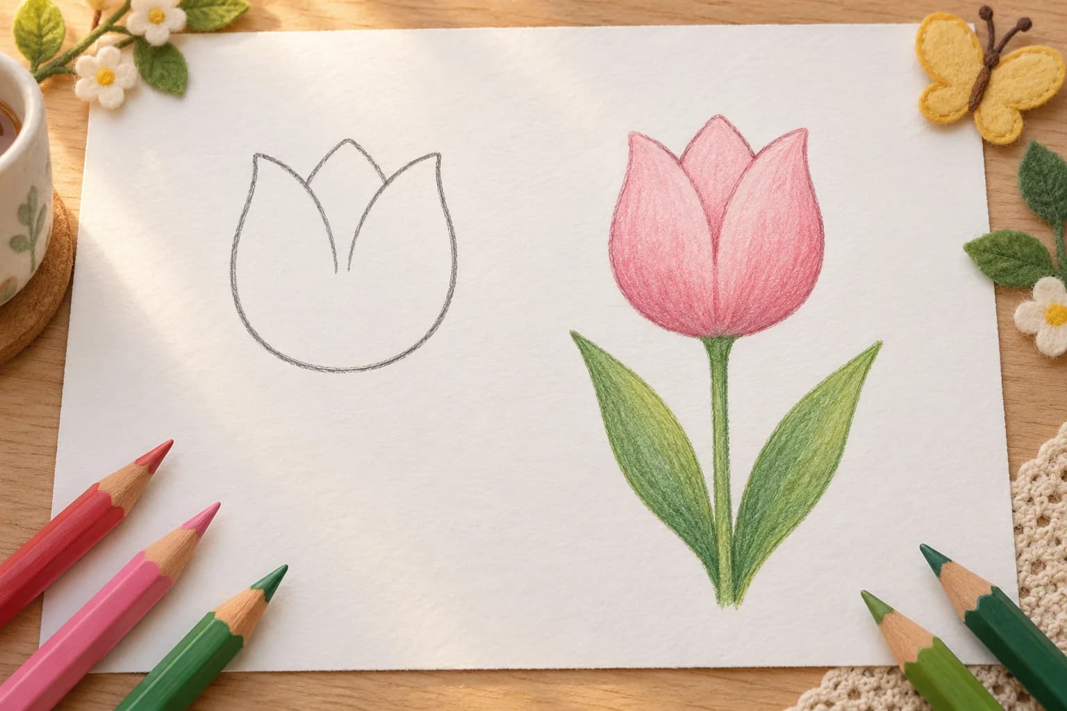 Deux versions d'une tulipe : la fleur au crayon, puis le dessin colorié avec sa tige et ses feuilles.