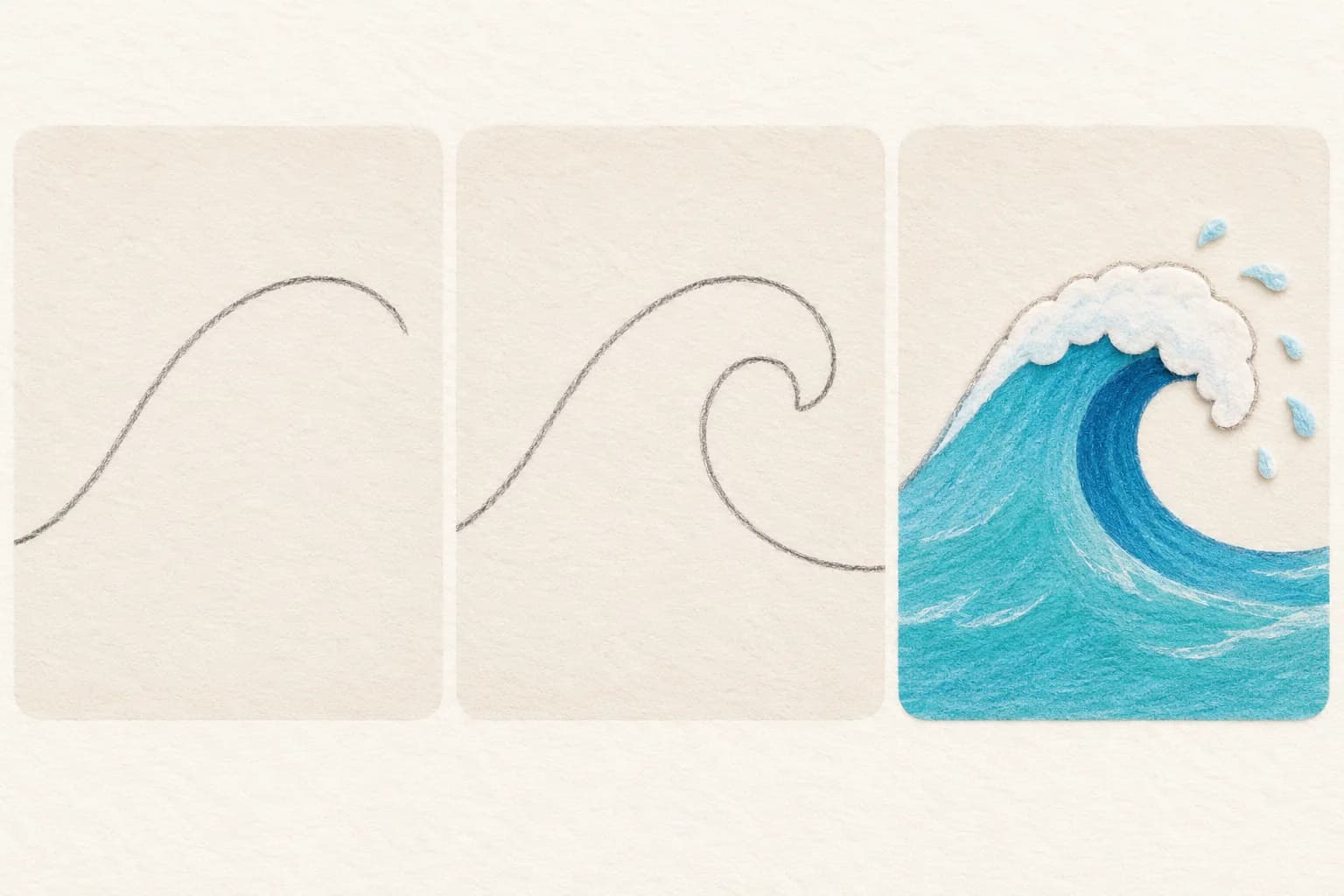 Trois étapes illustrées pour dessiner une vague, de la grande courbe au rouleau bleu bordé d’écume.