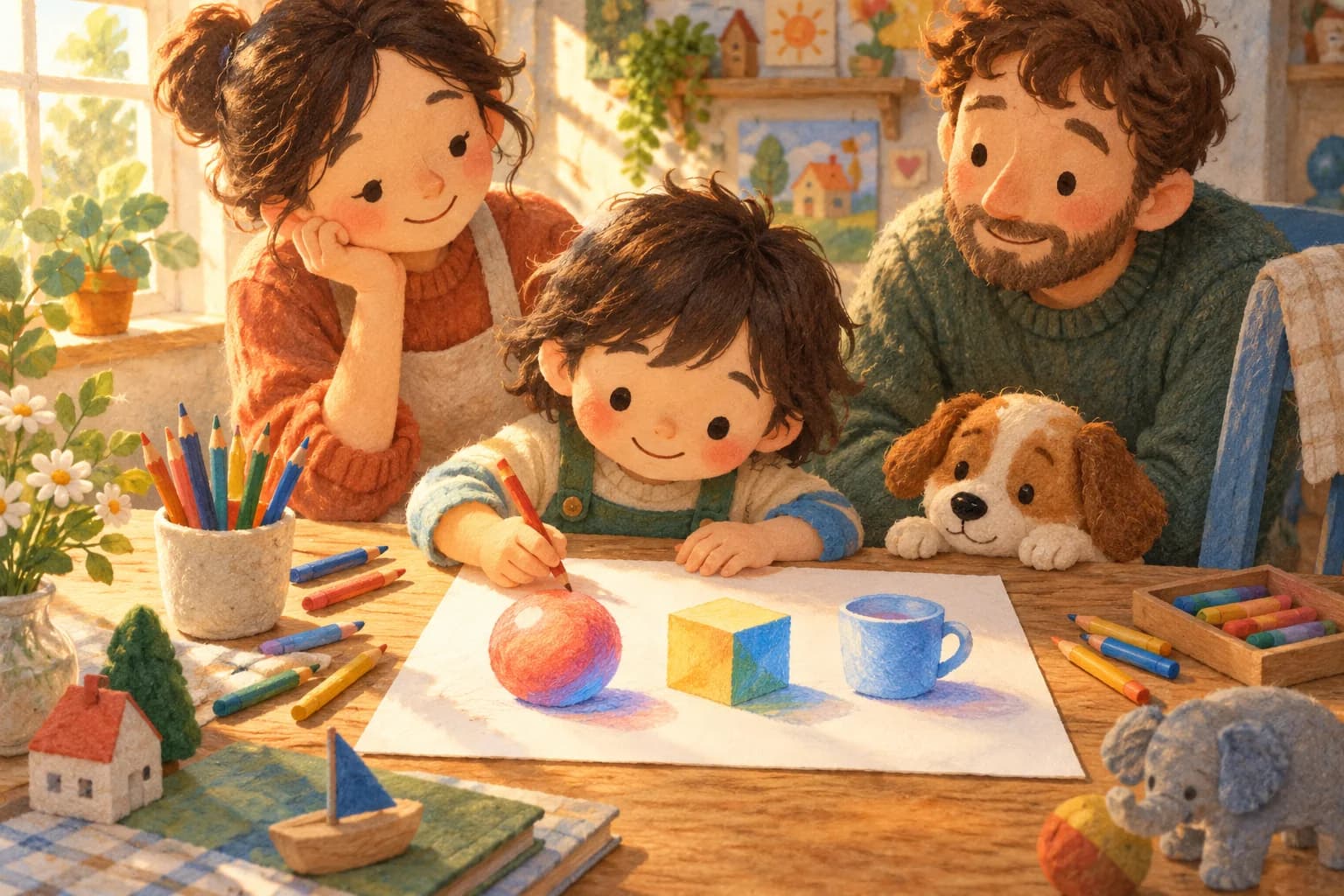 Enfant coloriant une boule, un cube et un gobelet avec des ombres colorées