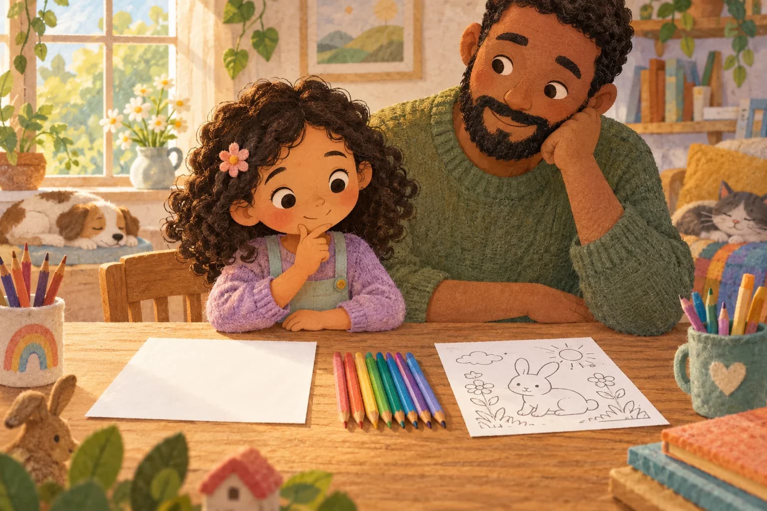 Un enfant choisit une activité artistique avec un parent à une table