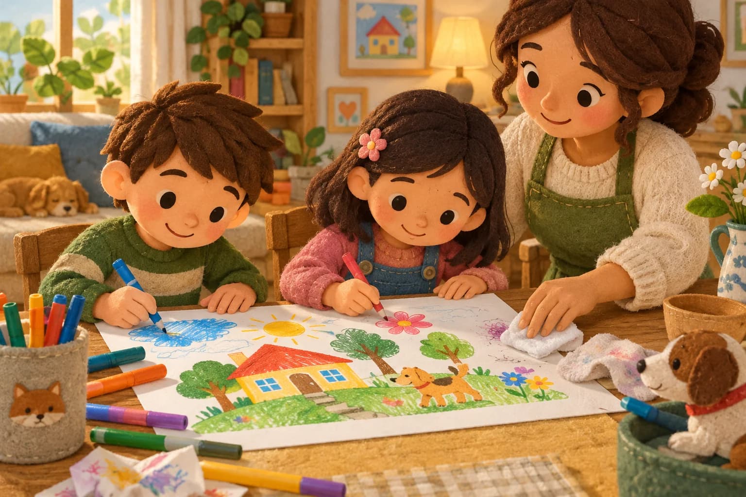 Un enfant colorie avec des feutres sur une table protégée par une grande feuille, accompagné d’un adulte