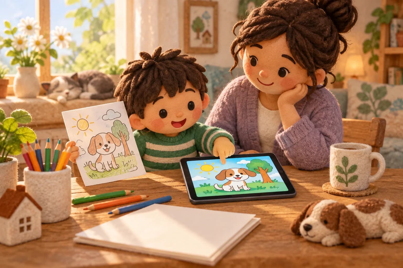 Un enfant compare un coloriage imprimé et un coloriage sur tablette avec un adulte.