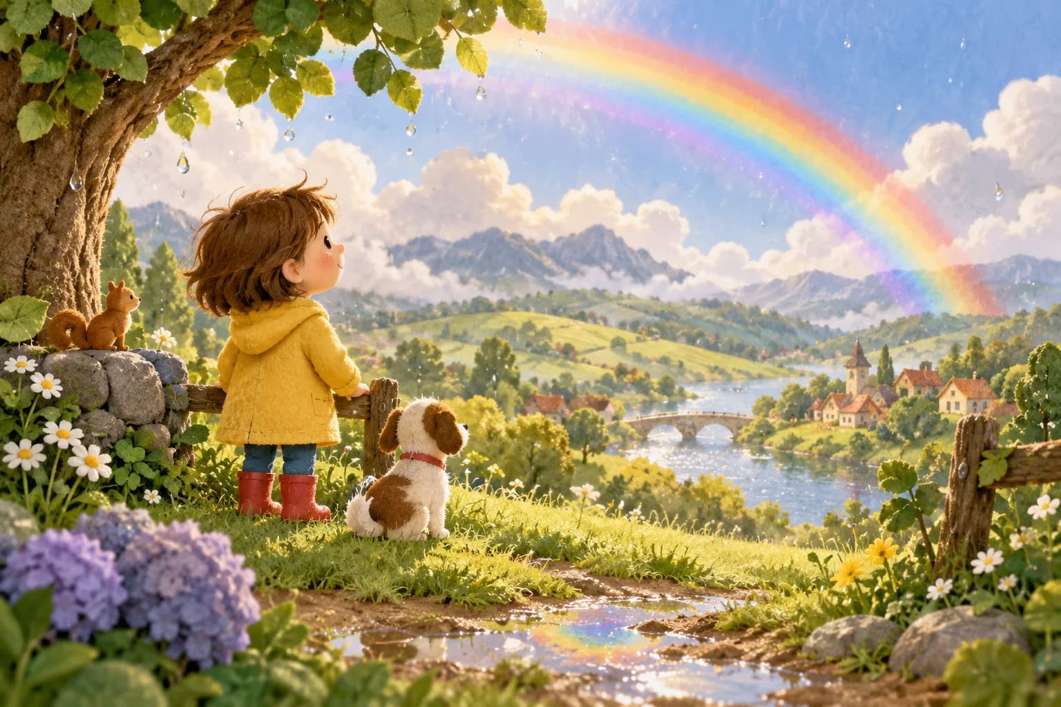 Un enfant observe un arc-en-ciel au-dessus d'un pré après la pluie
