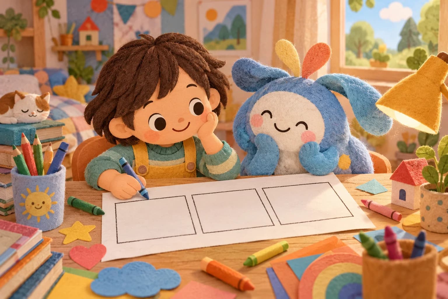 Enfant dessinant une bande dessinée simple en trois cases avec des crayons colorés