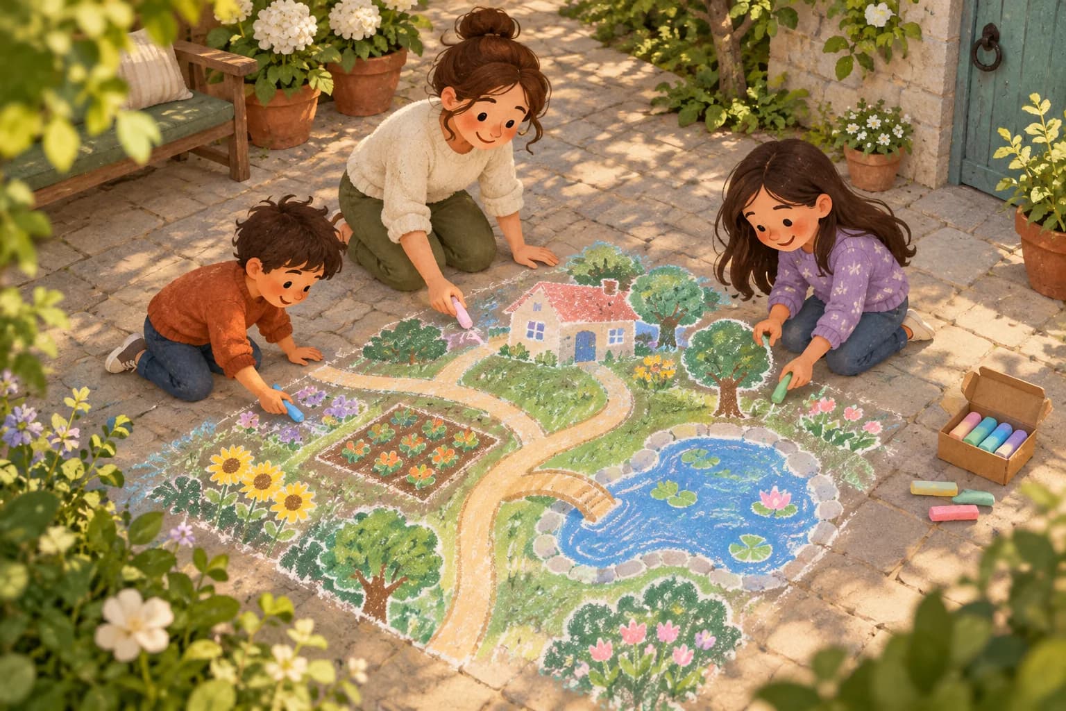 Deux enfants et un adulte dessinent une ville imaginaire à la craie dans une cour, à côté d’un passage laissé libre.