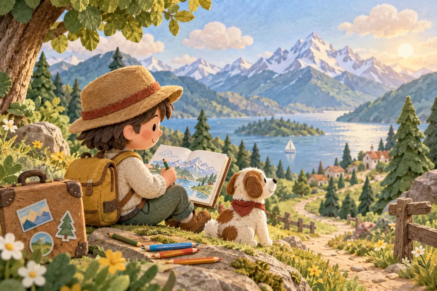 Enfant dessinant un paysage de vacances dans un carnet près d’une valise
