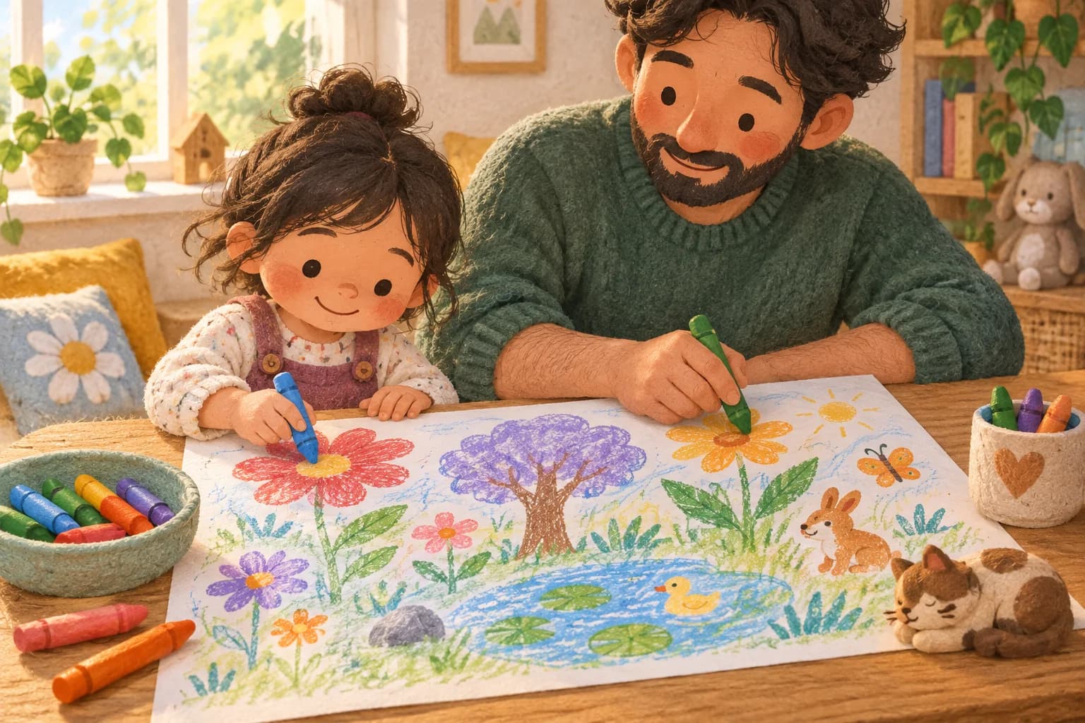 Un enfant et un parent colorient ensemble un jardin imaginaire aux grandes formes simples.