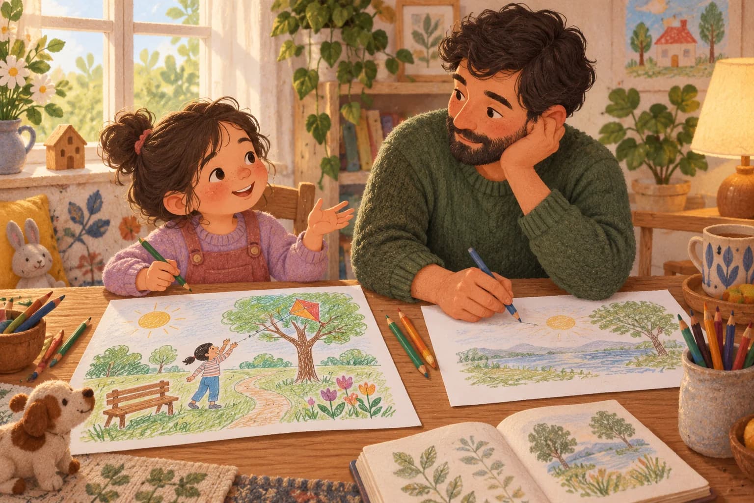 Un enfant et un parent dessinent côte à côte une scène de jardin avec un chemin et un cerf-volant.