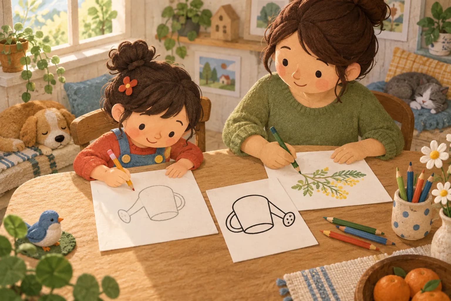 Un enfant et un parent recopient à table un dessin d’arrosoir placé à l’envers.