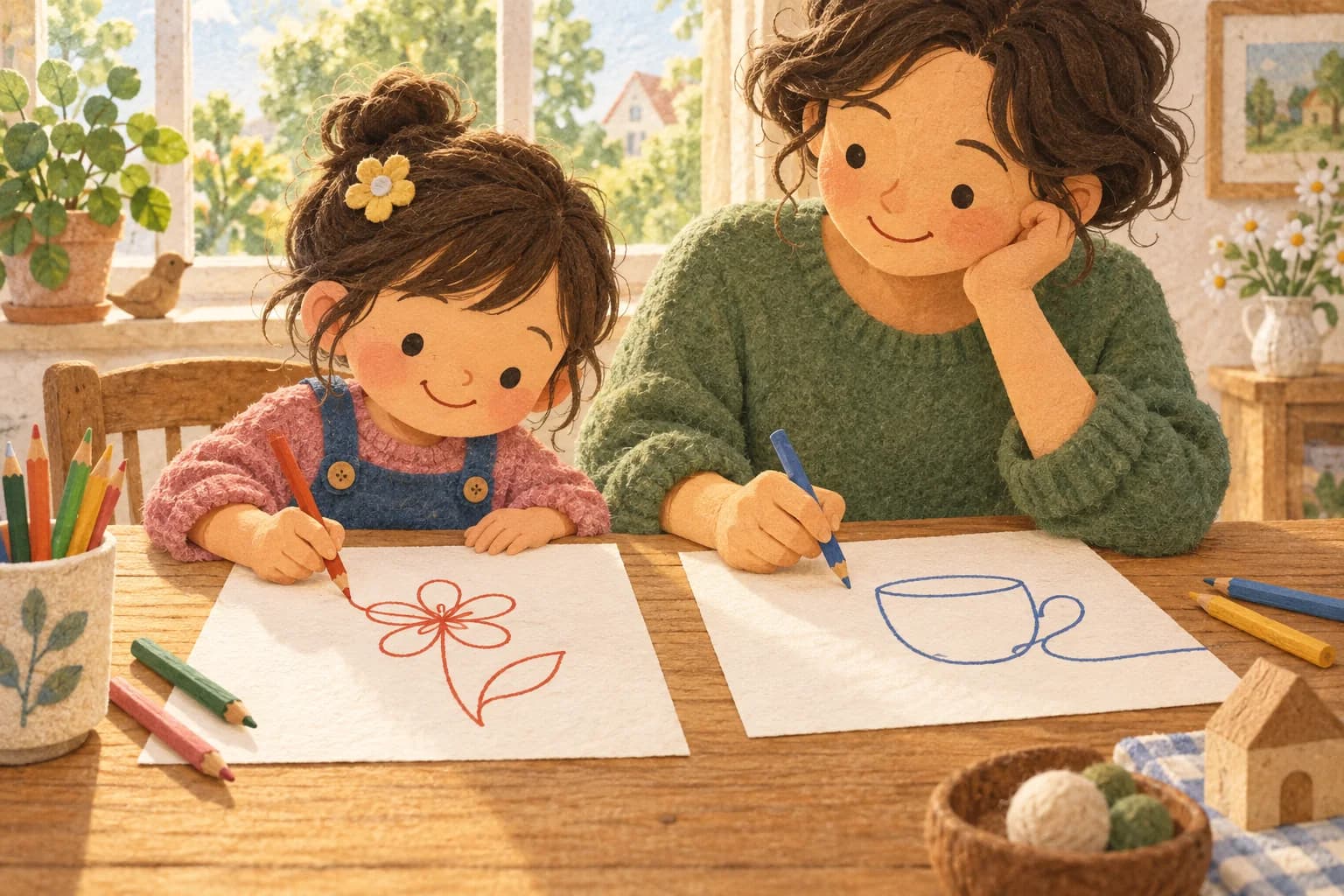 Un enfant et un parent dessinent une fleur et une tasse d’un trait continu, chacun sur sa feuille.