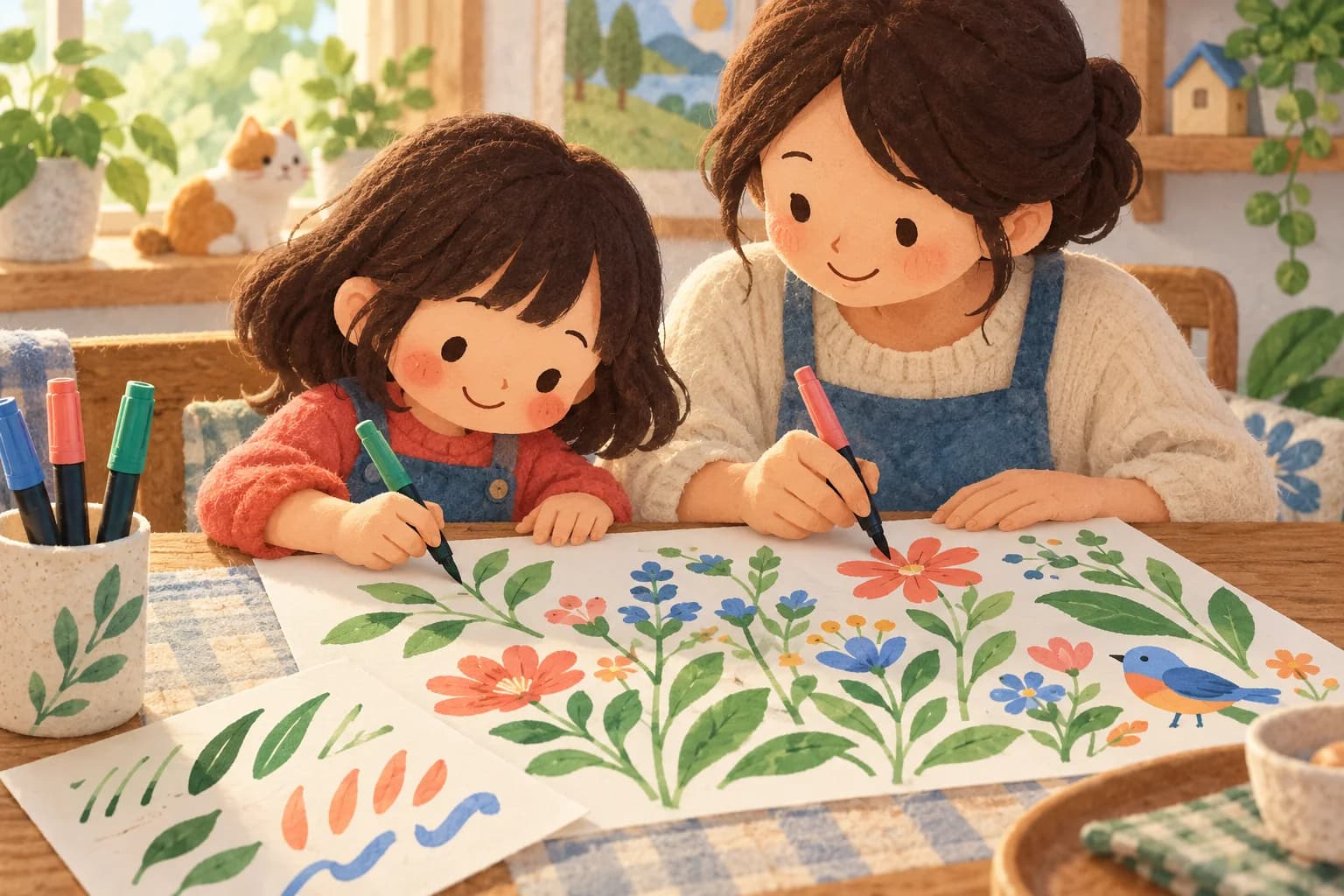 Un enfant et un parent dessinent ensemble un jardin avec des feutres pinceaux aux pointes souples.