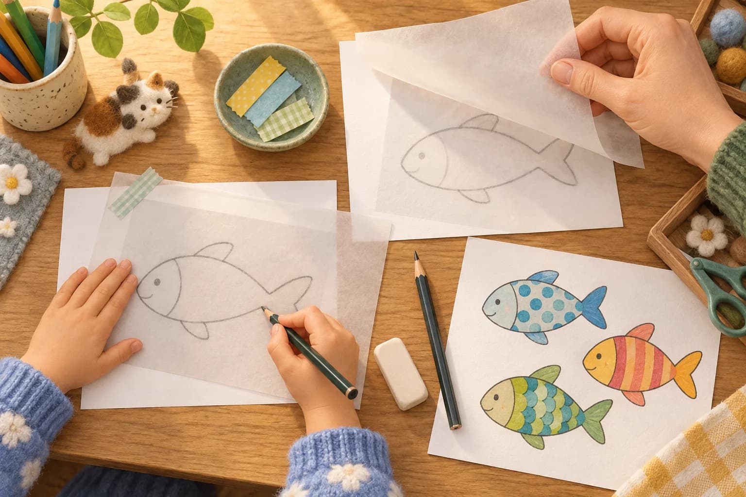 Un enfant décalque un poisson avec un adulte, près de trois poissons reportés puis décorés.