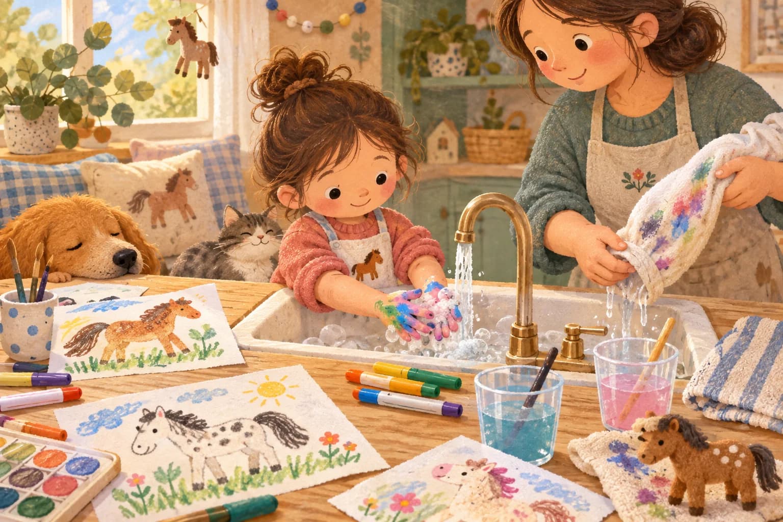 Un enfant nettoie ses mains tachées de couleurs tandis qu’un adulte rince une manche près d’une table de dessin