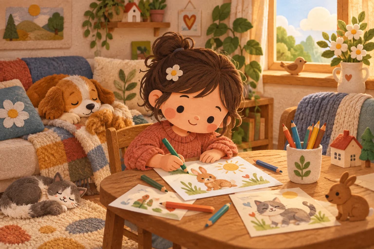 Enfant installé au calme à la maison qui colorie quelques dessins près d’une couverture