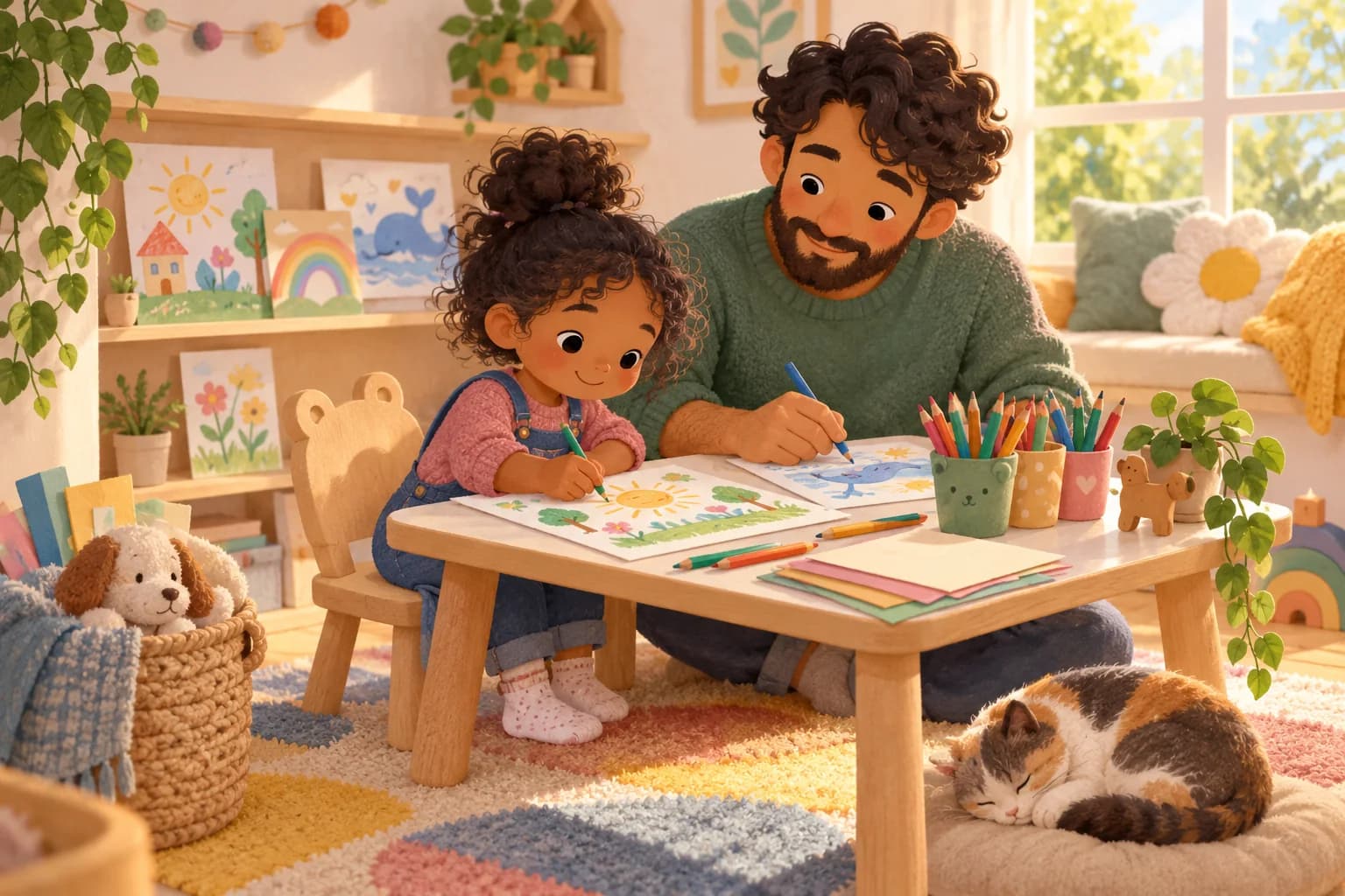 Un coin coloriage familial avec une petite table, des crayons rangés et des dessins