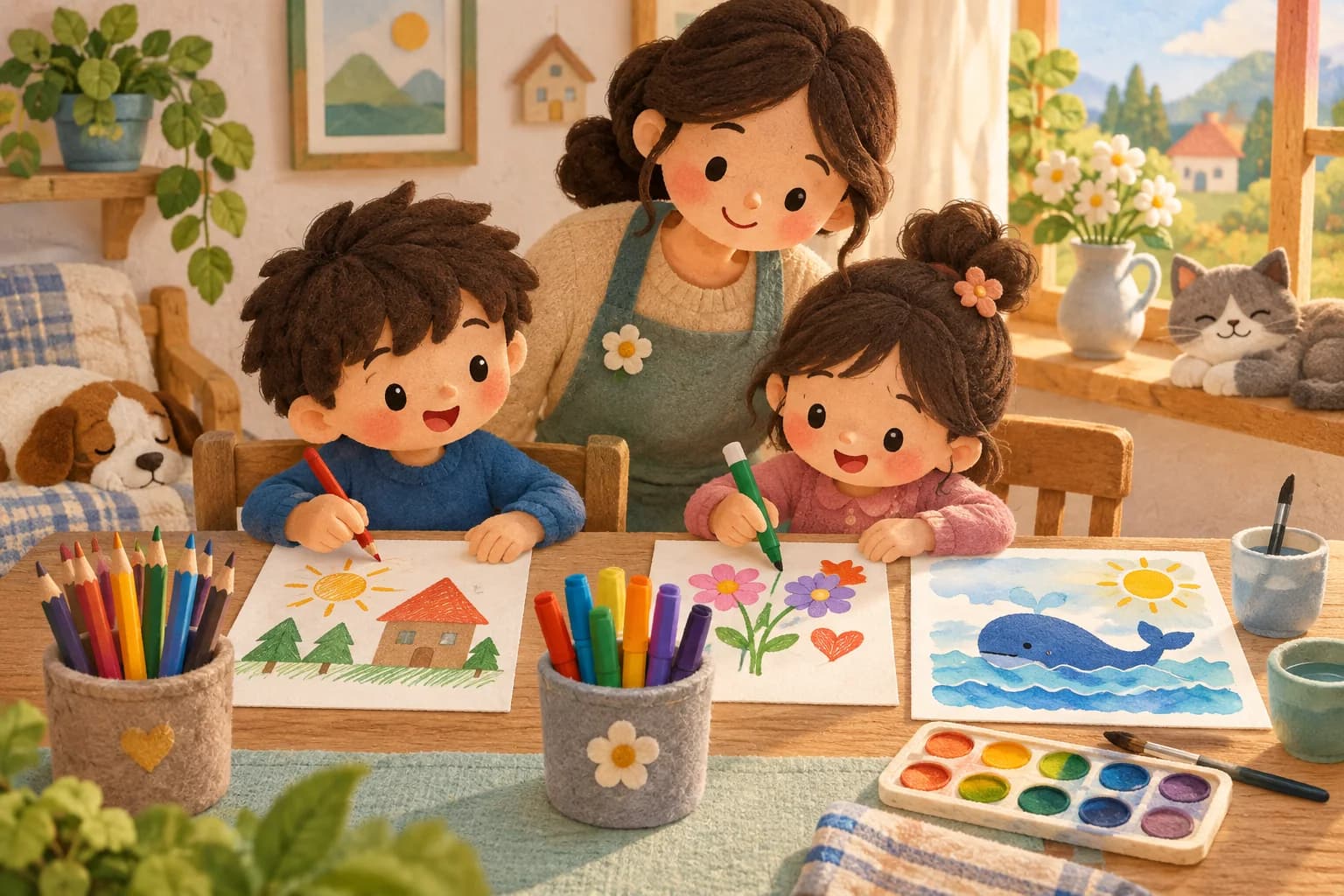 Un enfant compare crayons, feutres et peinture sur une table protégée.