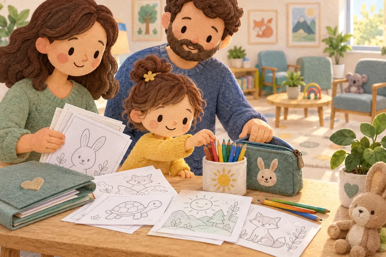 Enfant préparant une pochette de coloriage avec un adulte