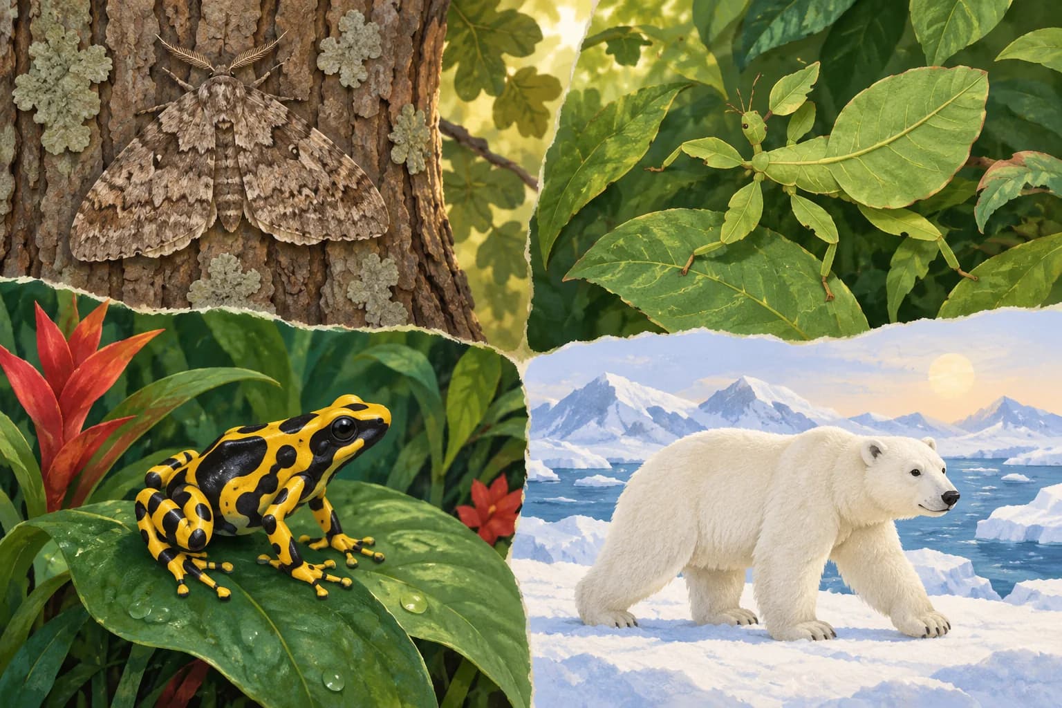 Un papillon brun, un insecte-feuille, une grenouille jaune et noire et un ours polaire dans leurs milieux respectifs.