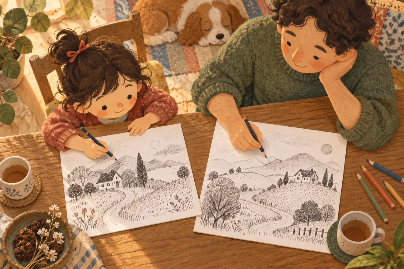 Un enfant et un parent dessinent ensemble des paysages en noir et blanc, avec des traits, des points et des ombres.