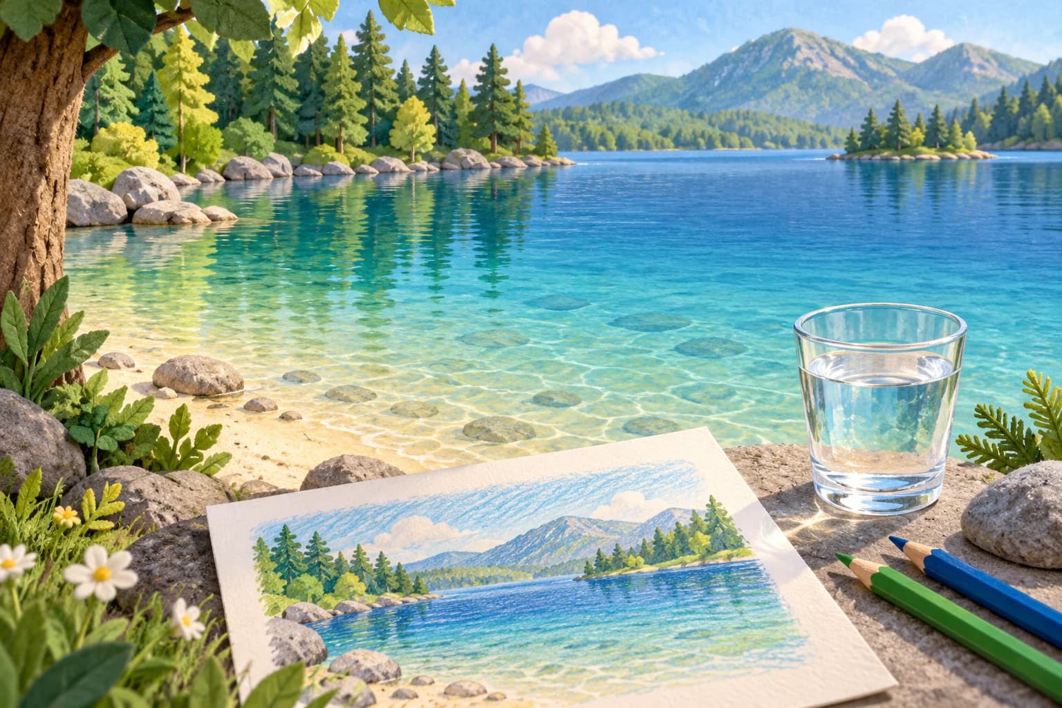 Un lac aux teintes bleues, vertes et turquoise, avec un verre d’eau transparent et des crayons au premier plan.