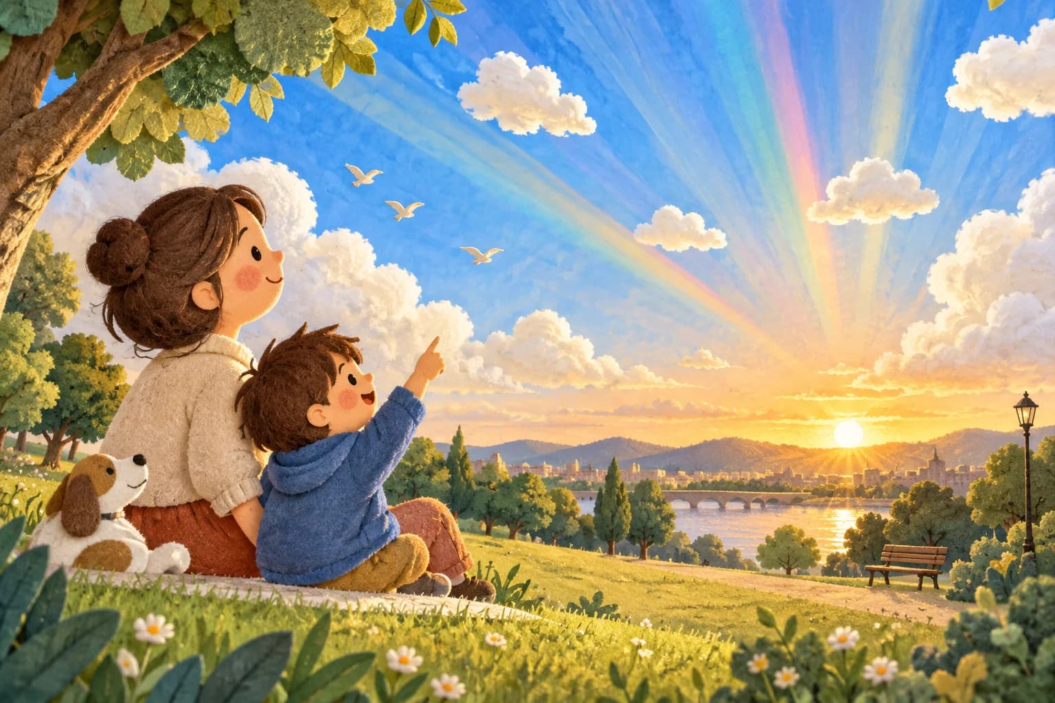 Un enfant et un parent observent un ciel bleu avec des nuages et des rayons de lumière colorés