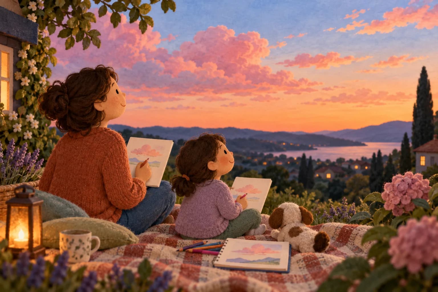 Un enfant et un parent dessinent des nuages roses sous un ciel orangé et bleu, après la disparition du Soleil.