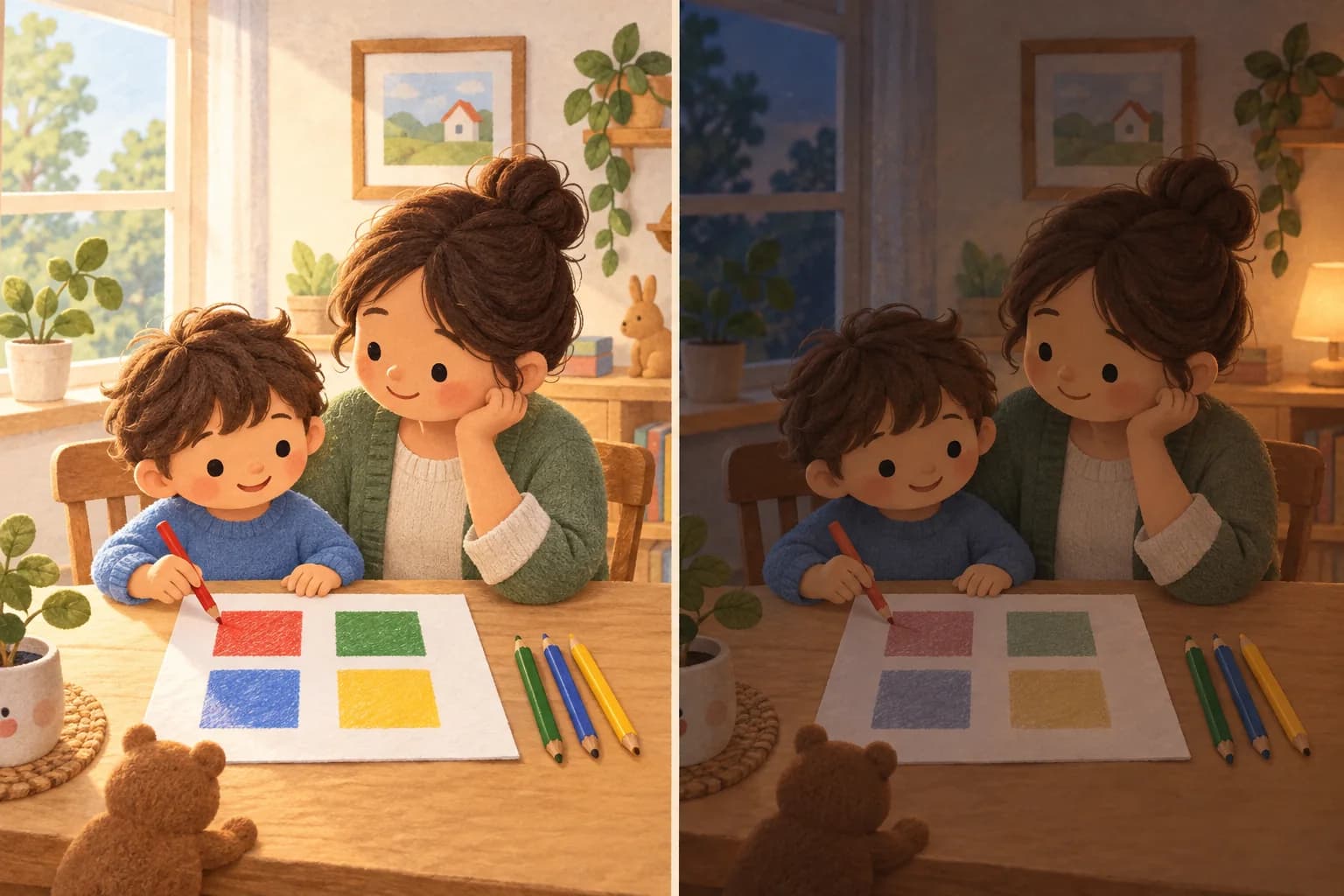 Un enfant et un parent comparent les couleurs d’un dessin sous un éclairage fort puis sous une lumière douce.