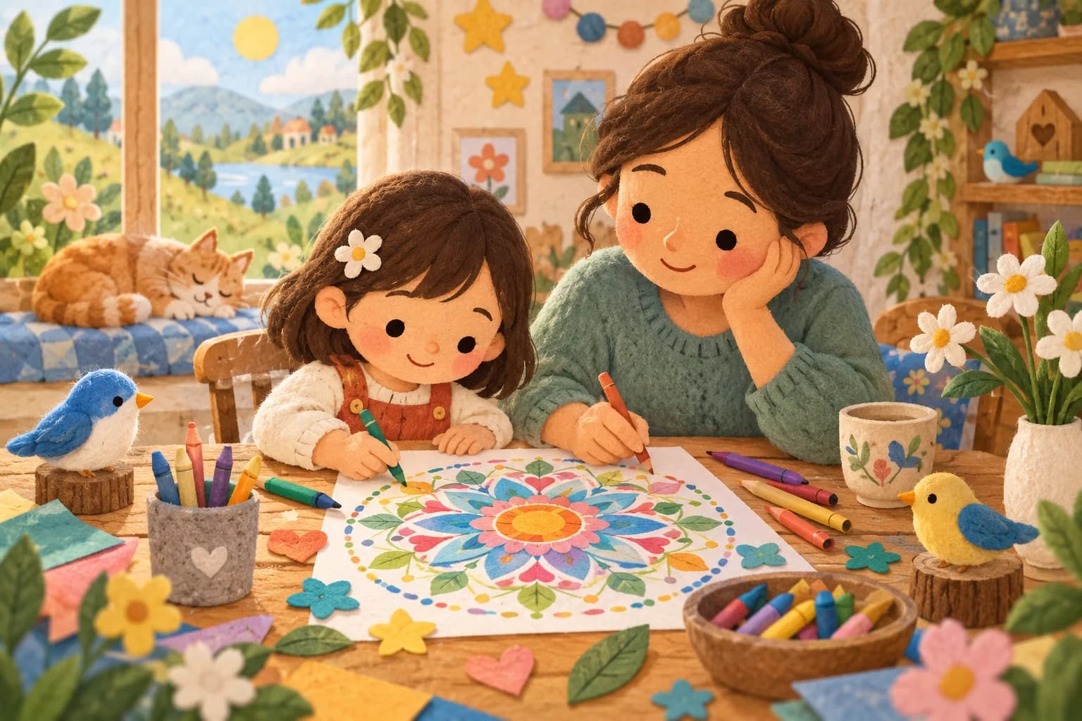 Un enfant et un parent colorient ensemble un mandala à une table