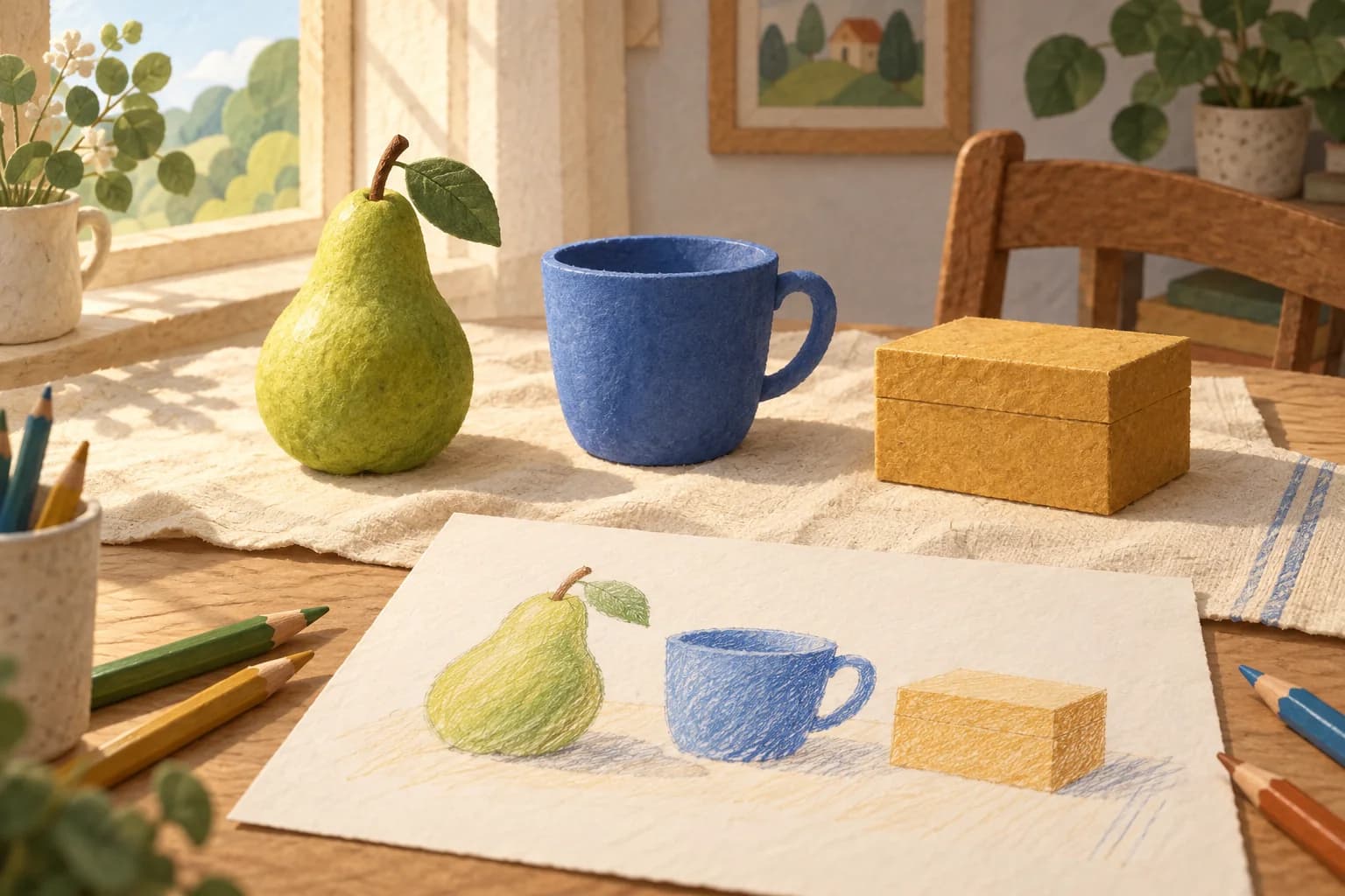 Une poire, une tasse bleue et une boîte éclairées de côté, avec leur dessin au premier plan.