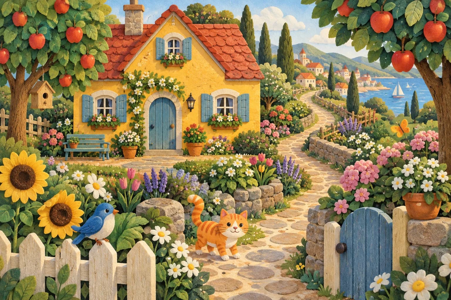 Un jardin aux couleurs vives, avec une maison jaune, des arbres fruitiers, de grandes fleurs et un chat, peint dans un esprit naïf.