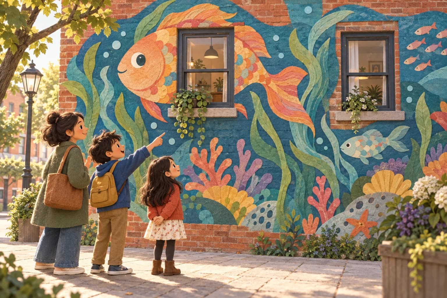 Deux enfants et un adulte observent une peinture de poissons et de plantes marines autour des fenêtres d’une façade.