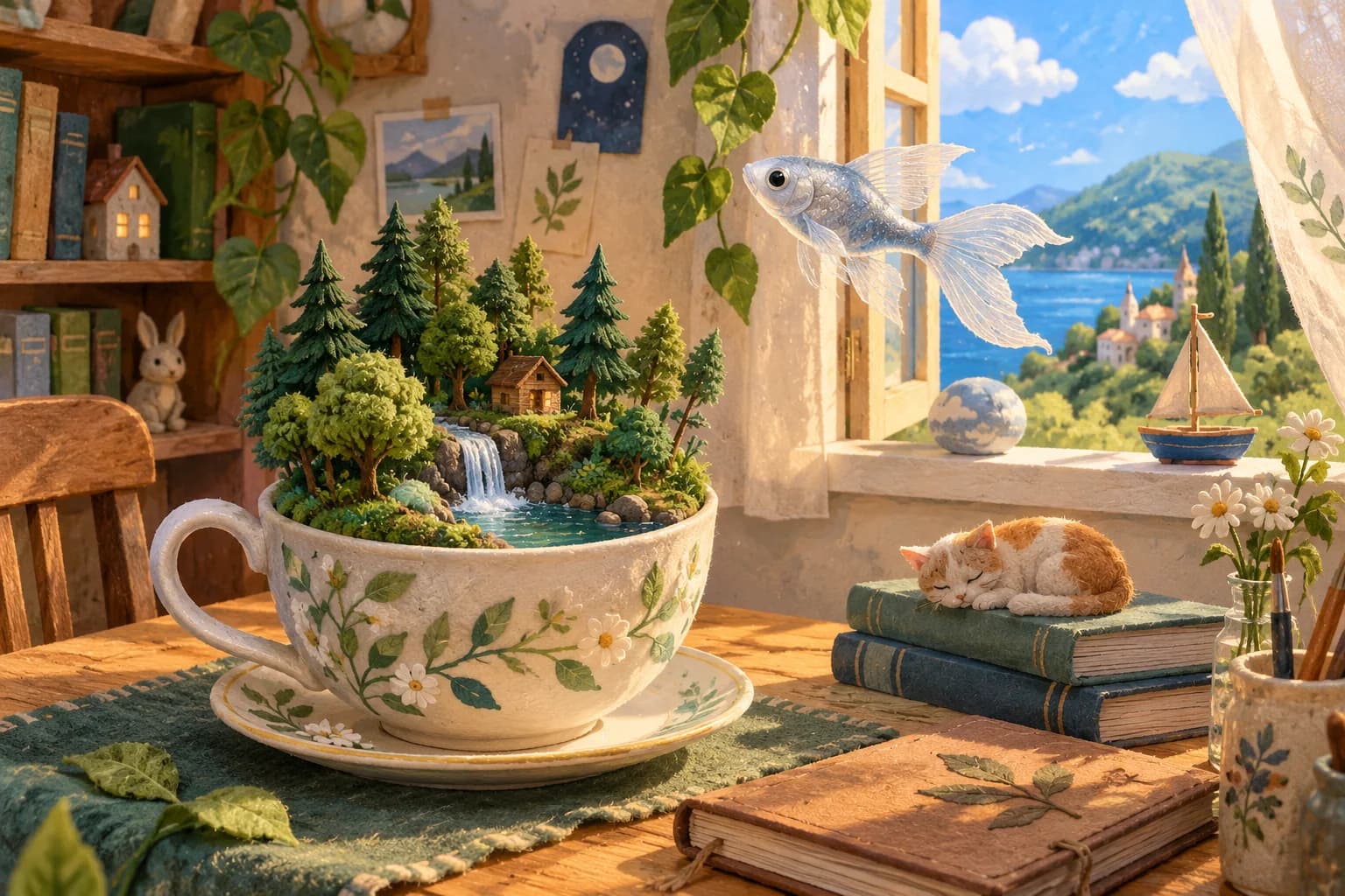 Une forêt miniature pousse dans une tasse tandis qu’un poisson nage dans l’air près d’une fenêtre.