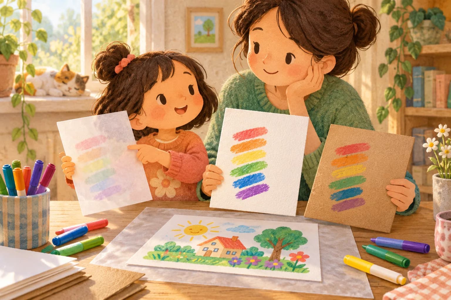Un enfant et un parent comparent plusieurs papiers pour colorier aux feutres.