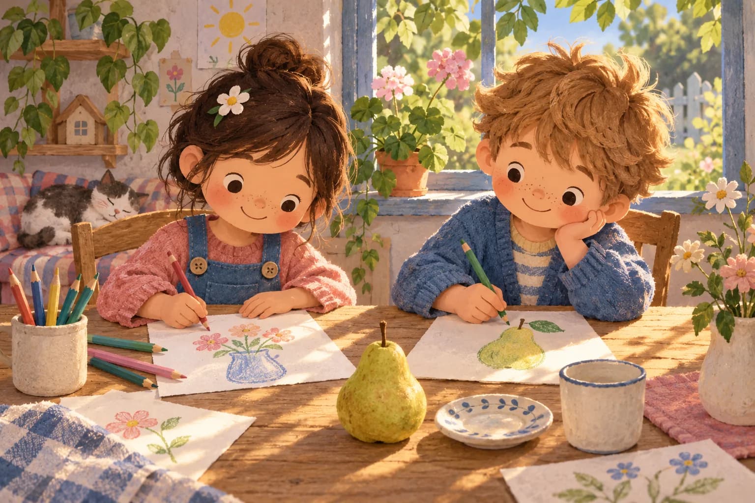 Deux enfants dessinent une nature morte près d'une fenêtre, dans une lumière douce aux touches roses, bleues et vertes.