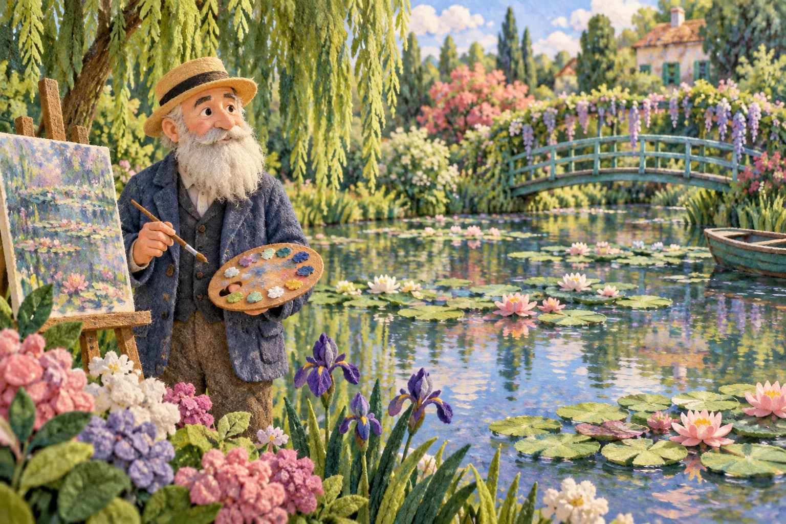 Claude Monet observe des nymphéas dans son jardin près d’un pont japonais