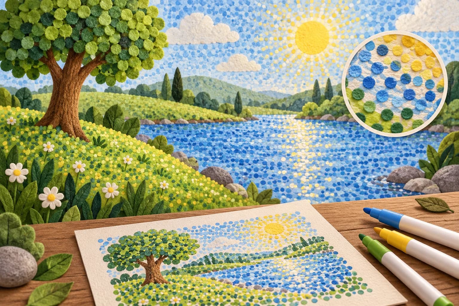 Paysage au bord de l'eau composé de petits points colorés, avec un détail agrandi et des feutres.