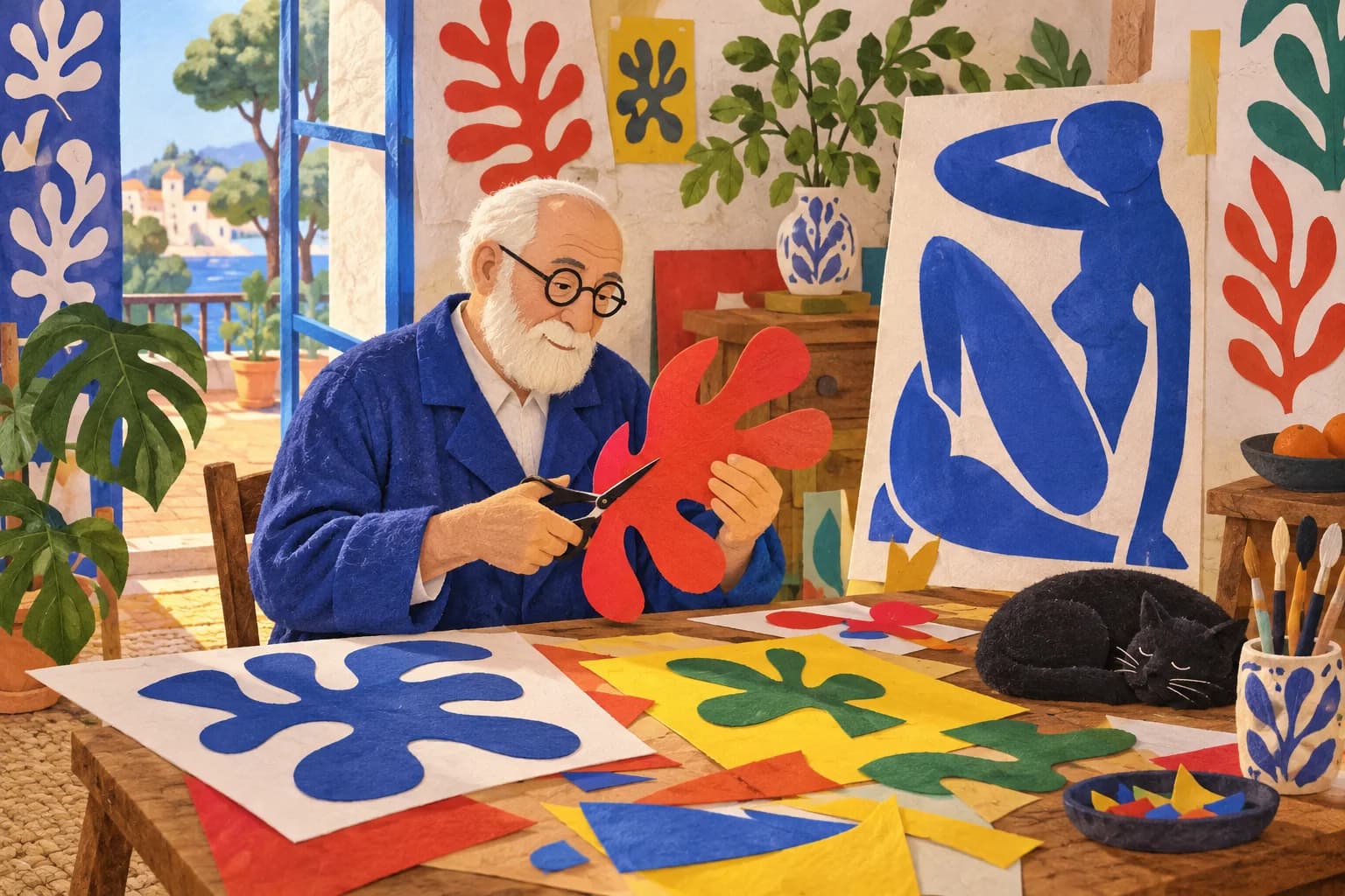 Henri Matisse réalise des formes colorées en papier découpé dans son atelier