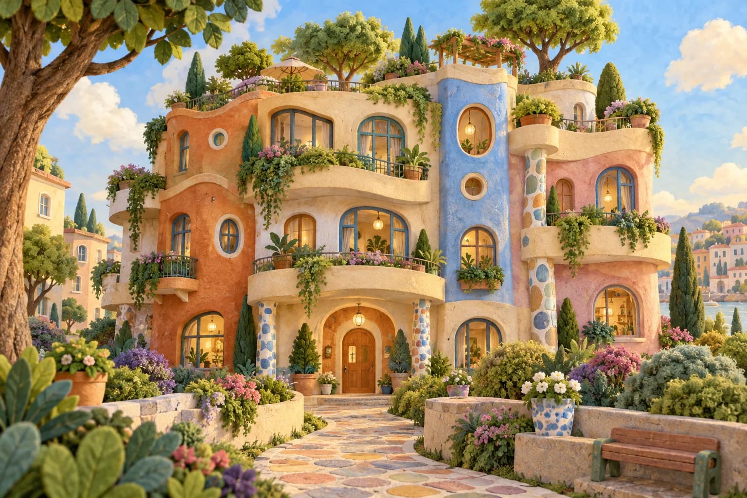 Maison multicolore aux fenêtres variées, avec un chemin courbe, des terrasses plantées et des arbres sur le toit.