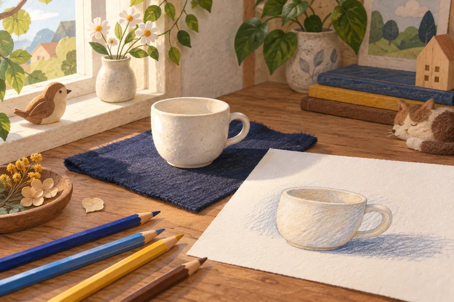 Un gobelet clair éclairé par une fenêtre, posé sur un tissu sombre à côté de crayons et d’un dessin.